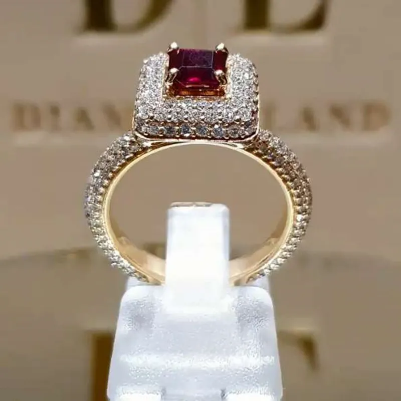 Luksusowe damskie 18k Gold 925 Sterling Silver Diamond Ring Natural Ruby Biżuteria Rocznica Prezent Zaangażowany Bridal Wedding Band Rozmiar 5-11