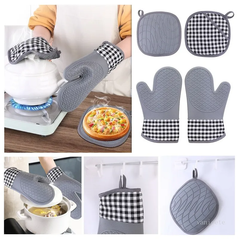 Silicone Oven Mitts Sets with Quilted Liner Heat Resistant Kitchen Mitt Cooking Baking Grilling Insulated ovens gloves T9I001304