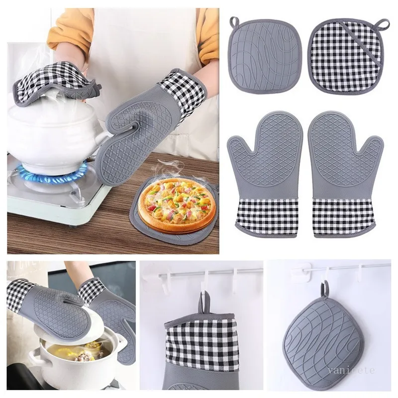 Silikon-Ofenhandschuh-Sets mit gestepptem Innenfutter, hitzebeständiger Küchenhandschuh, zum Kochen, Backen, Grillen, isolierte Ofenhandschuhe T9I001304