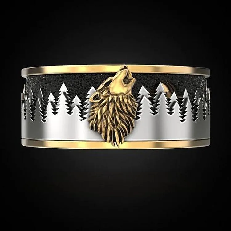 Trouwringen Dark Forest Wolf Howling Gesneden Patroon Ring Goud Kleur Punk Viking Heren Carbonized Sieraden Partij Verjaardag Gift