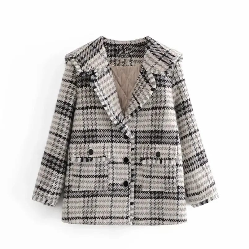 Jacka Kvinnor Tweed Plaid Winter Coat Kvinna Vintage Långärmad Oversized Jackor Damer Lösa Casual Overcoats 210519