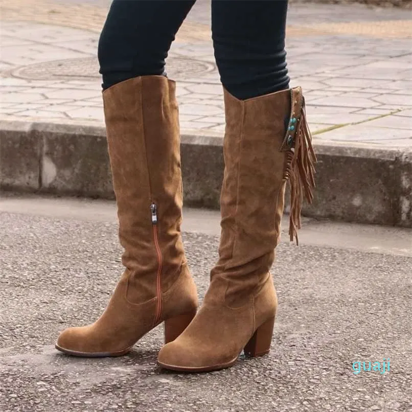 Fashion Women Buty Kolan-Western Ridding Brown Boots Lady Wedge Heel Tassels Cowboy Long Autumn Kobieta