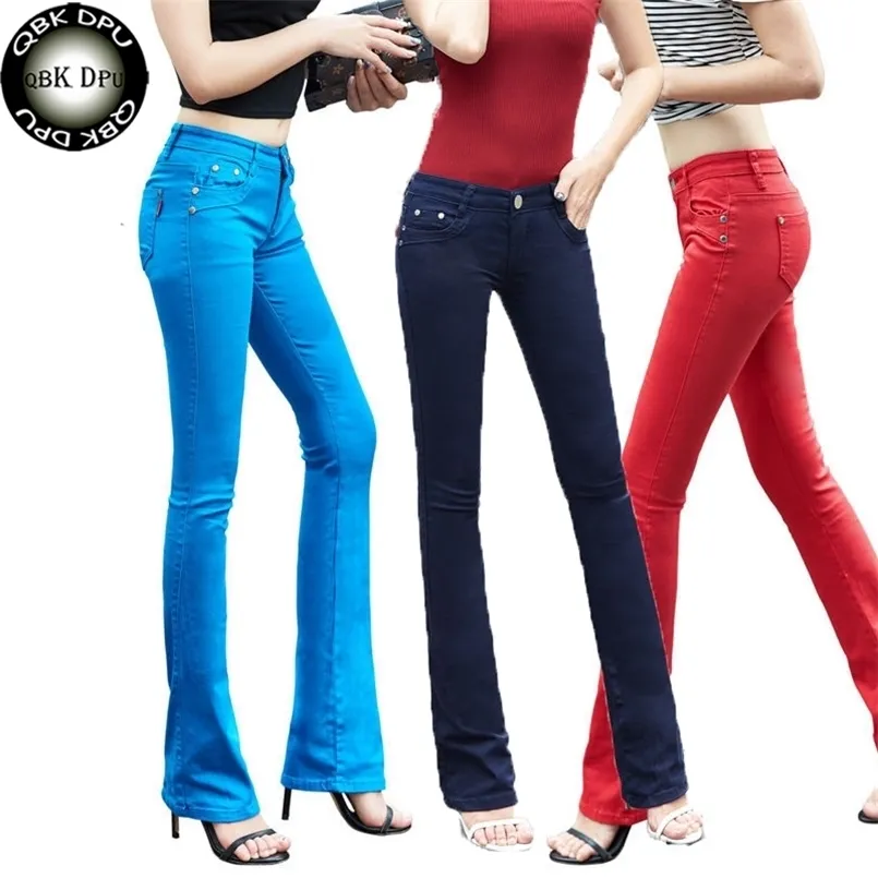 Mamy Plus Size Flare Jeans Kobieta Street Moda Stretch Vintage Spodnie Seksowny Niski Wzrost Bell Dolne Slim Denim Spodnie 210720