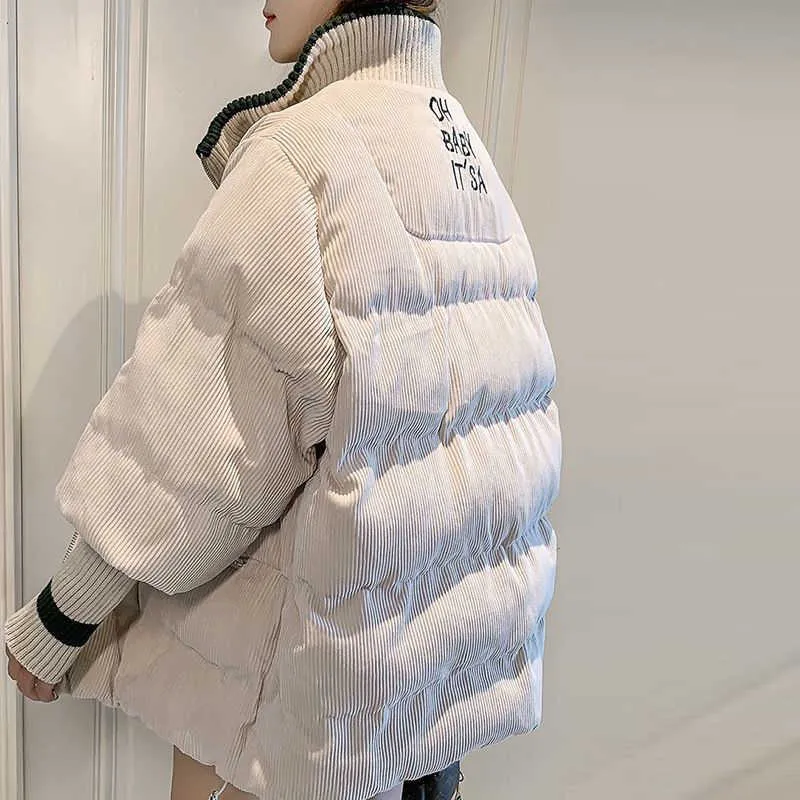 Giacca in velluto a coste imbottita in cotone Cappotto caldo da donna in streetwear invernale allentato Soprabito bianco 210531