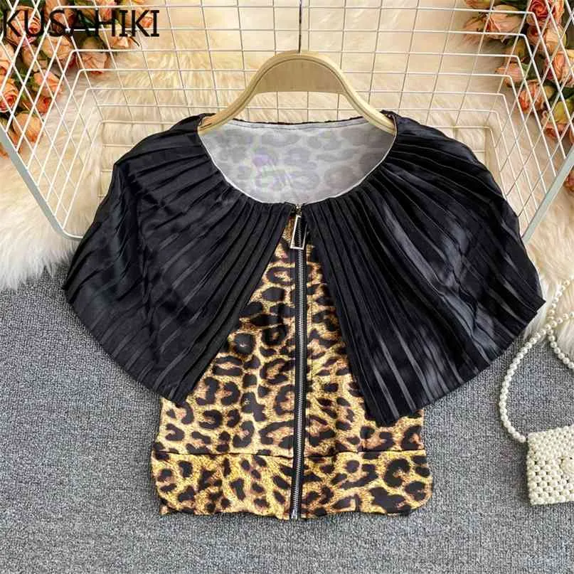 Sommer Turn-Down-Kragen Kontrastfarbe Leopard Bluse Shirt Sexy Reißverschluss Slim Korean Damen Tops 6J593 210603