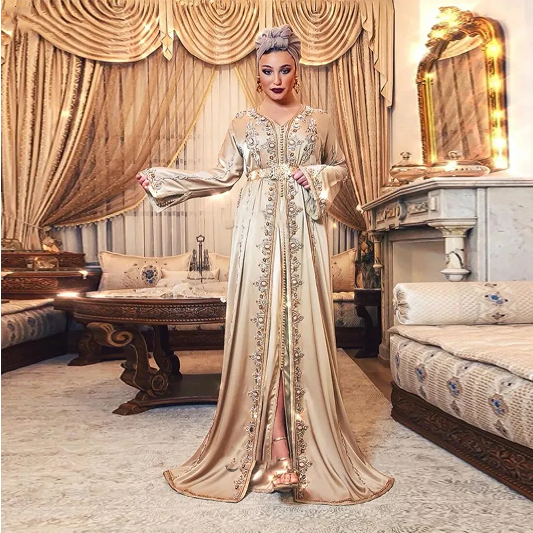 Champagner-Gold, A-Linie, marokkanischer Kaftan, lange Ärmel, formelle Abendkleider, Spitze appliziert, Perlen, Abendkleider für den Nahen Osten, islamische muslimische Frauen, Abschlussball-Party-Kleider