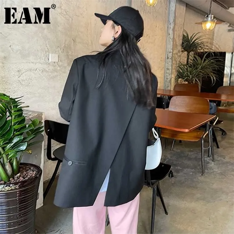 [EAM] Giacca da donna nera con spacco sul retro di grandi dimensioni Giacca con risvolto a maniche lunghe e vestibilità ampia Moda Primavera Autunno 1DE1412 211122