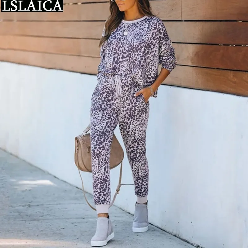 2 pièces tenues pour femmes pantalons de cordon et haut à manches longues mode imprimé léopard plus taille salon porter survêtement décontracté 210520