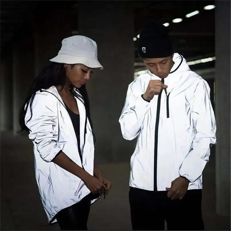 Light-reflecting Cycling Jacket windbreaker casual hip hop Hooded techwear Noctilucent Streetwear men's Reflective coats Unisex 211110