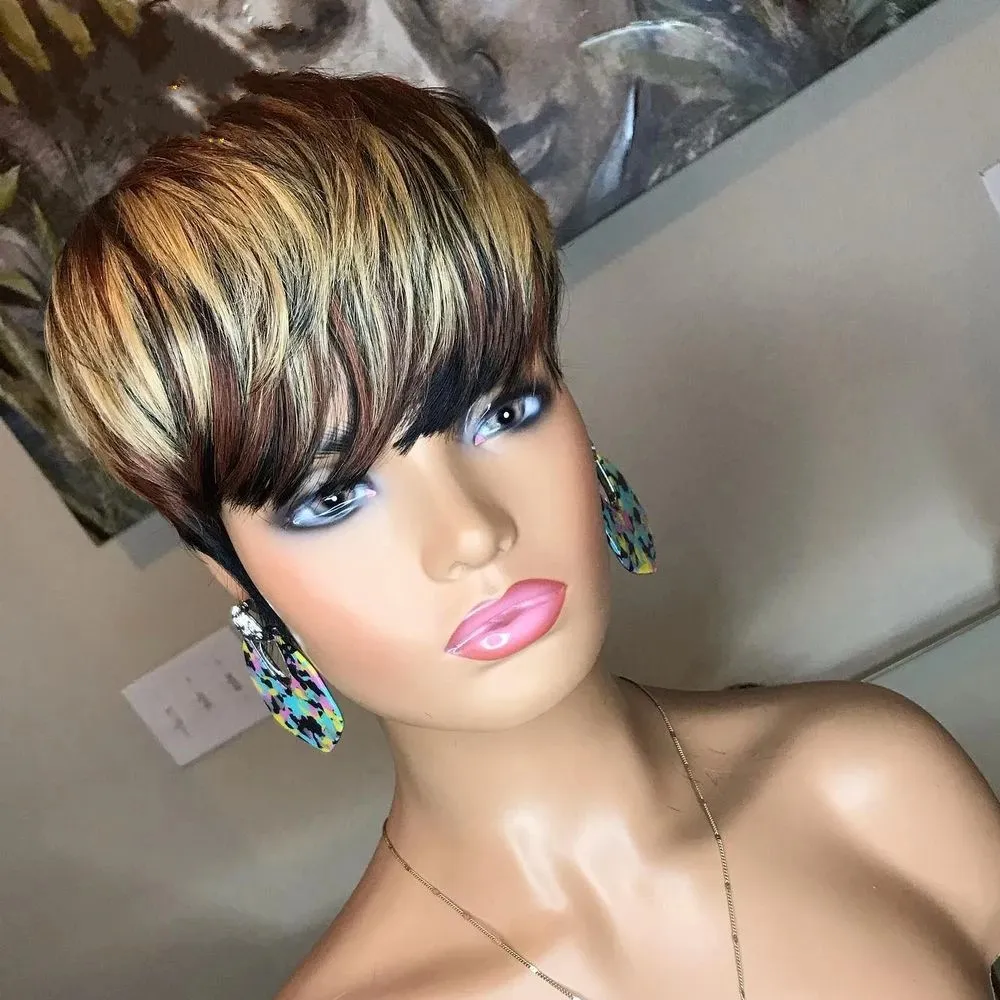 Pixie curto corte Bob Ombre loira marrom / preto cabelo humano wig ondulado sem renda perucas brasileiras para mulheres negras 150% densidade