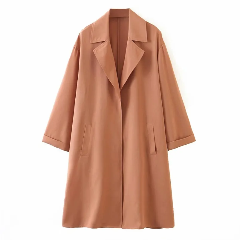 Autumn Women Trench Coats Solid Long Sleeve Loose Open Stitch Female Elegant Office Lady Outerwear Clothing 210513
