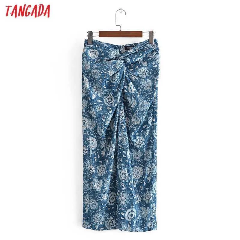 Tangada Donna Moda Gonna longuette con nodo stampato blu Vintage Vita alta Cerniera posteriore Gonne femminili Mujer 3H364 210609