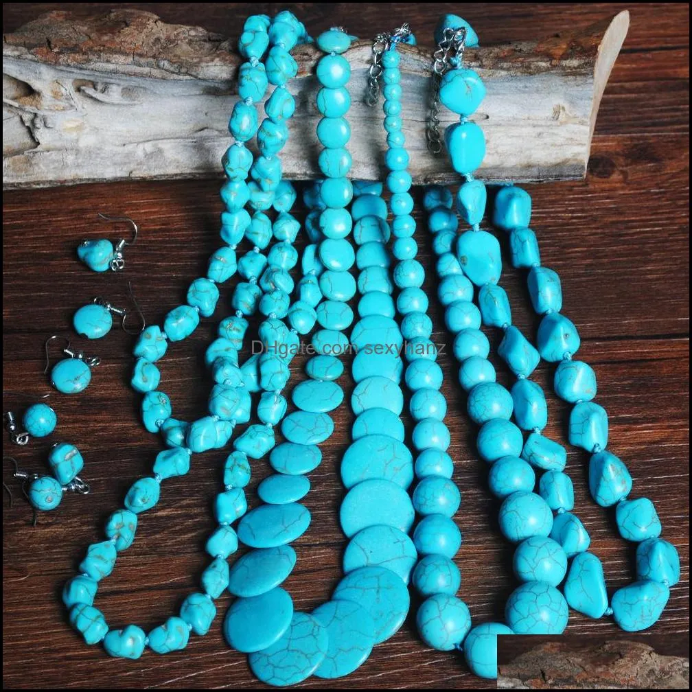 Exaggerated Retro Bohemian Turquoise Necklace Earring Set Ornaments Clothing Accessories