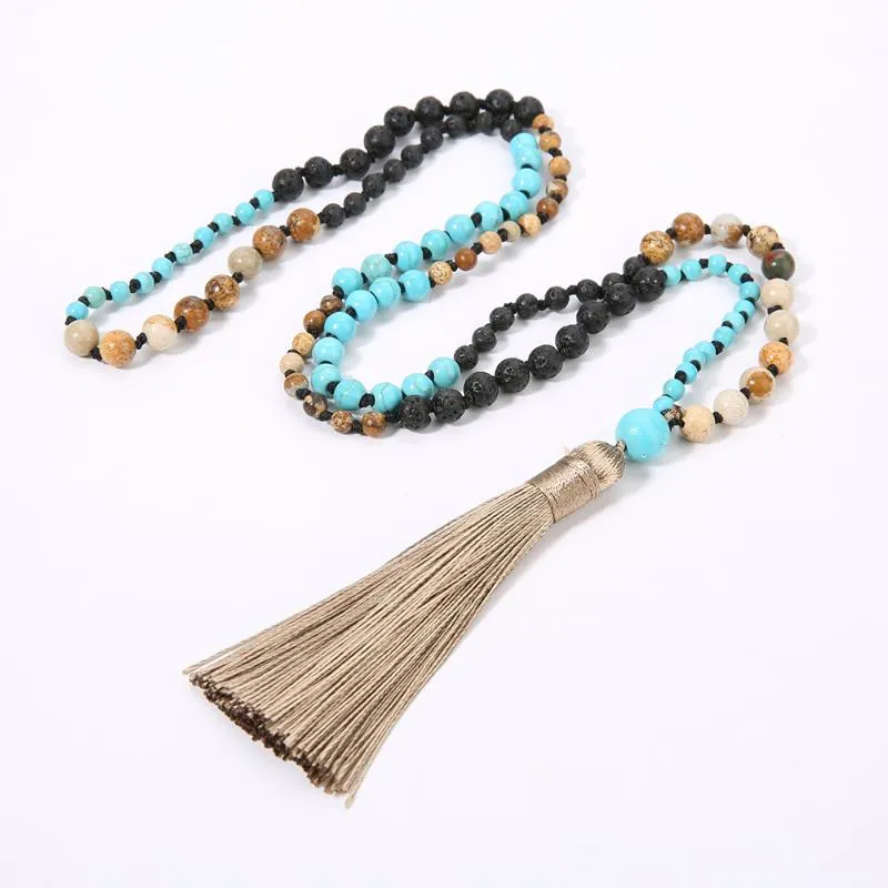 ペンダントネックレスShinus Boho Semi-Precious Stones 108 Mala Bead Necklace Long Tassel Yoga Buddhade