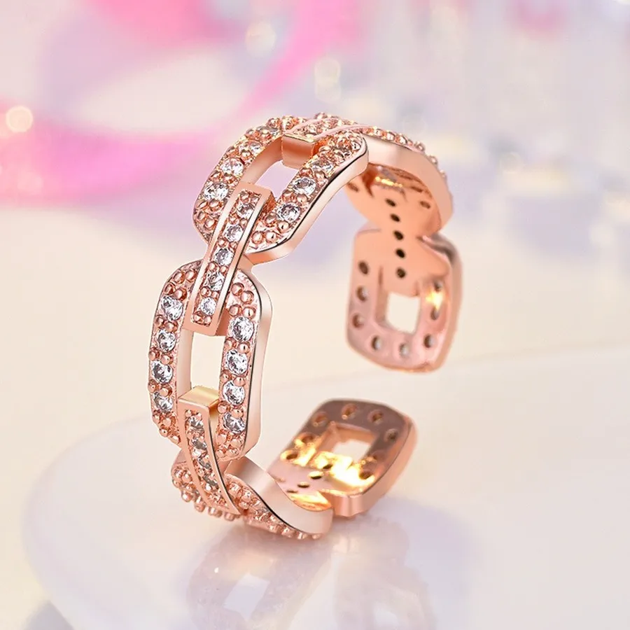 Hollow Chain Diamond Ring Band Finger Rose Gold Open Adjustable women Rings Girls Engagement Wed Fashion Jewelry Will and Sandy