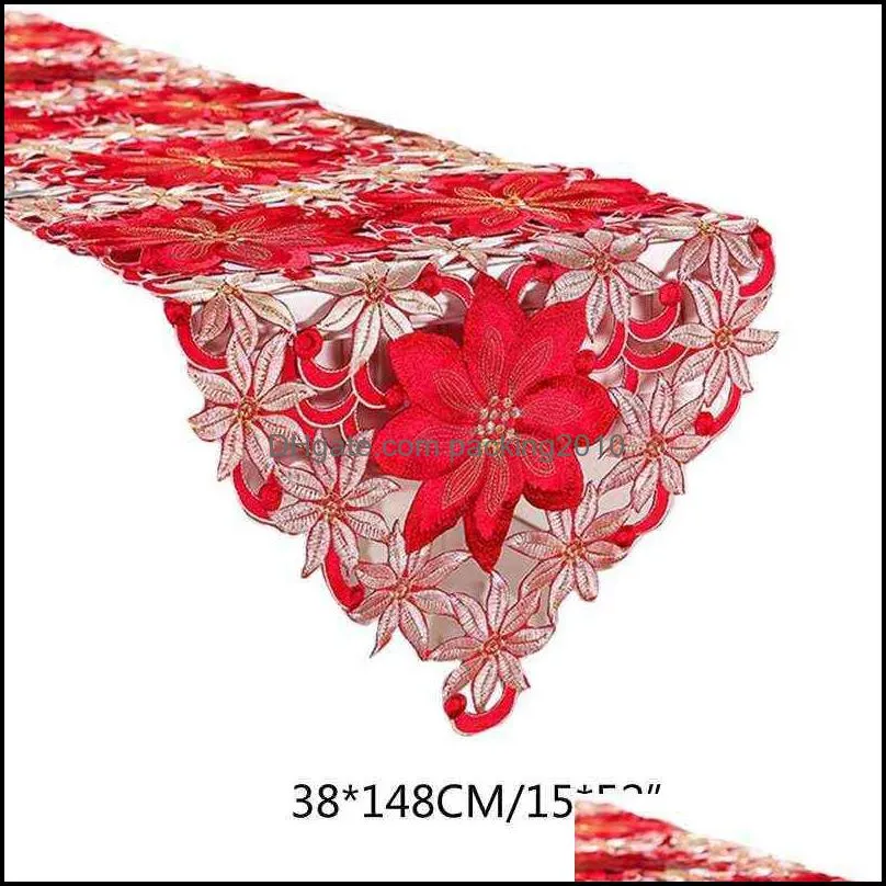 Double Thickness Red Rustic Cutwork Embroidered Floral Table Runners Christmas Decorations High Quality For Home Dining supplies