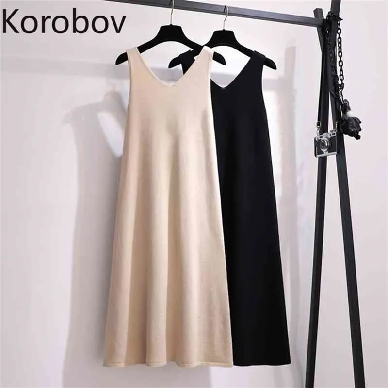 Korobov Koreanische A-Linie-Frauen Kleid sommere elegante solide weibliche Kleider Preppy Style v Hals ärmelloses vestidos femme 210430