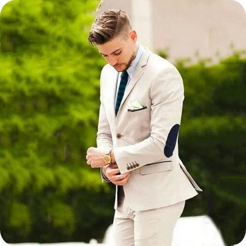 Beige män prom kostym bröllop armbåge fläckar brudgummen smal smal passform terno masculino manliga blazers 2pieces jacka byxor kostym homme män