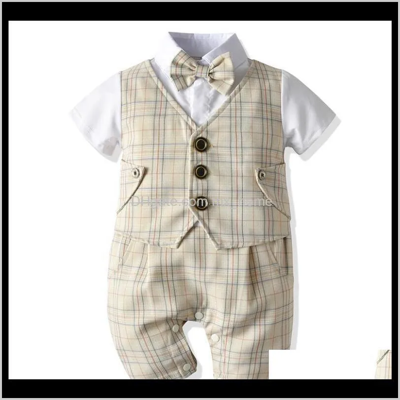 Vendita Crossborder Factory Summer Childrens Dress Boy Ha Yi Gentleman Manica corta Baby Body Fake Two Vest Creeper R8H24 Pagliaccetti Kbas1