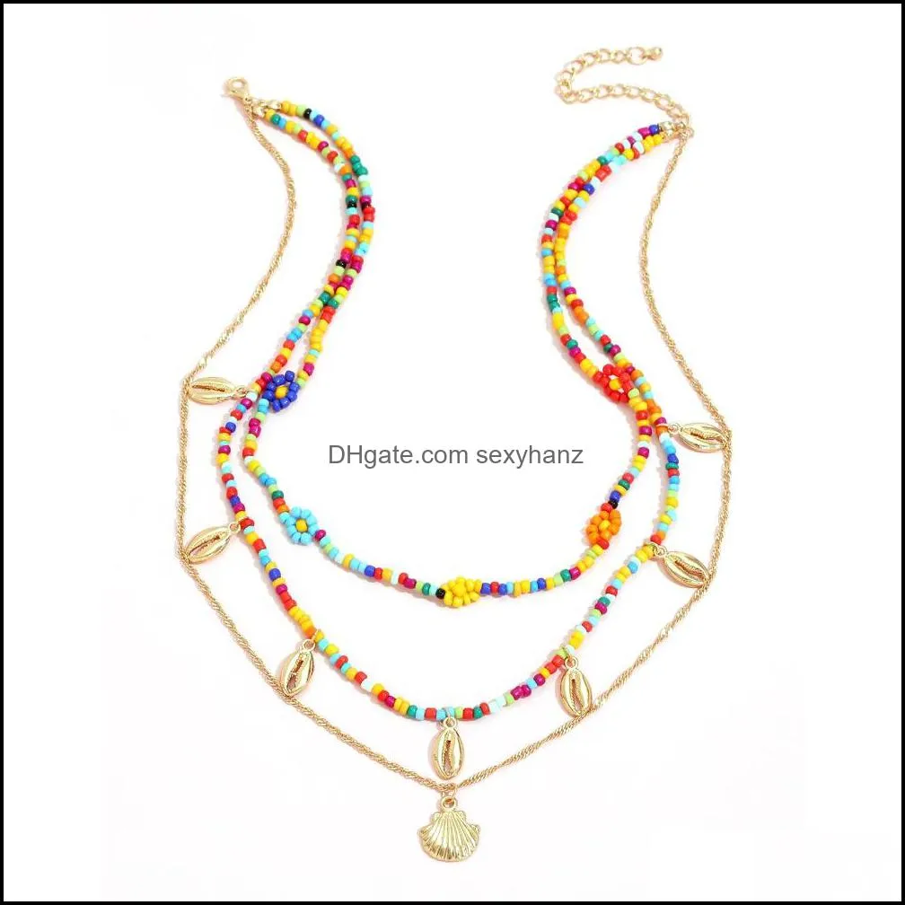 S2516 Fashion Jewelry Multi-layer Necklace Colorful Beaded Shell Scallop Pendant Sweater chain Choker Necklaces