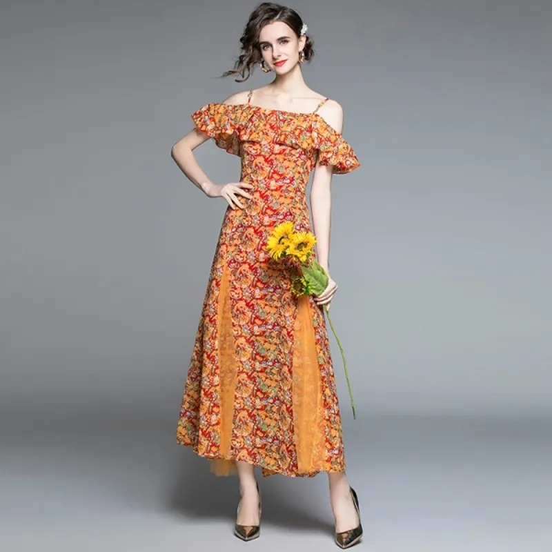Sommar mode kvinnor spaghetti strap klänning ärmlös ruffles blommig print slank bohemian 210531