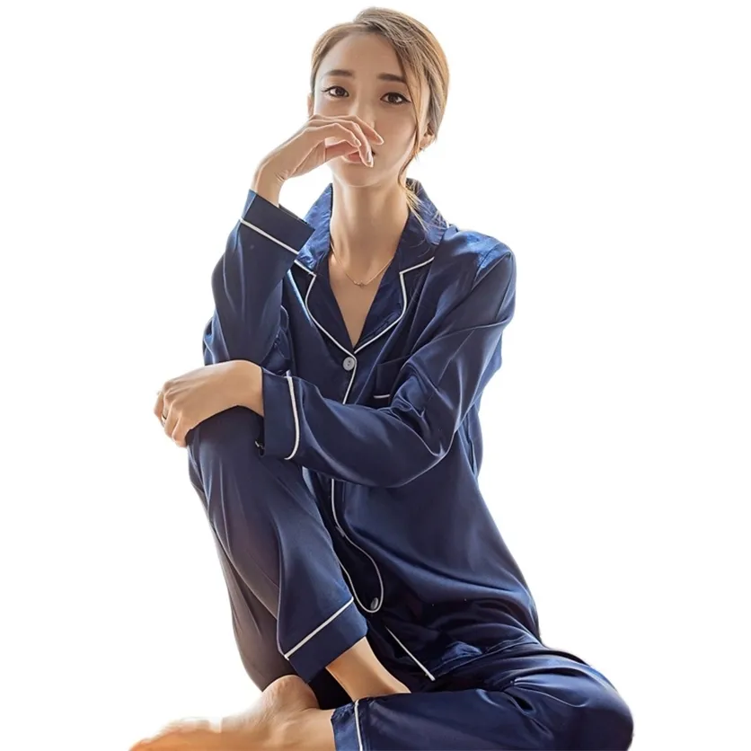 Kvinna silke satin pyjamas pyjamas set sleepwear pijama kostym kvinnlig sömn två bit kvinnor loungewear plus storlek 220208