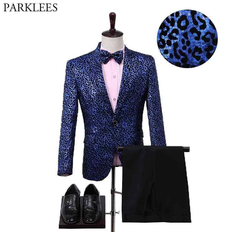 Costume de paillettes de léopard sexy pour hommes Ensemble élégant un bouton Slim Fit Royal Blue Costumes Hommes Club Party Bar Prom Terno Masculino 210522