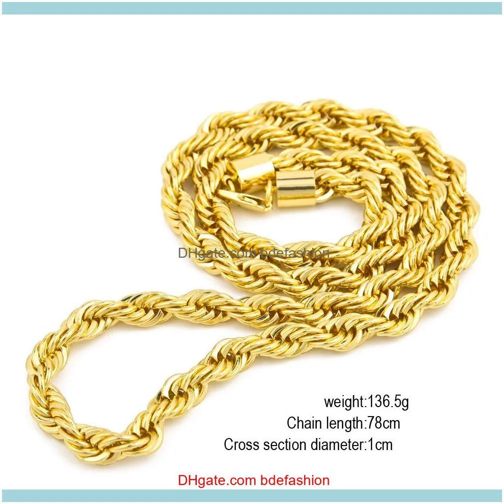 10mm Thick 76cm Long Solid Rope Twisted Chain 24K Gold Silver Plated Hip hop Twisted Heavy Necklace 160gram For mens