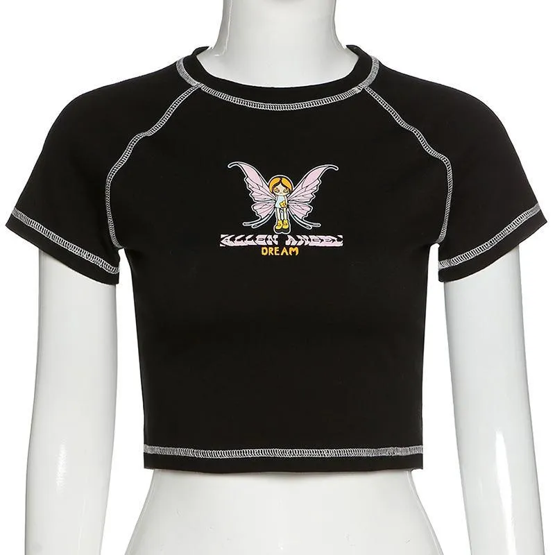 Floerns Women's Butterfly Print Crop Top - Short Sleeve Y2K Drawstring Side Tee - Casual Summer Shirt For Women