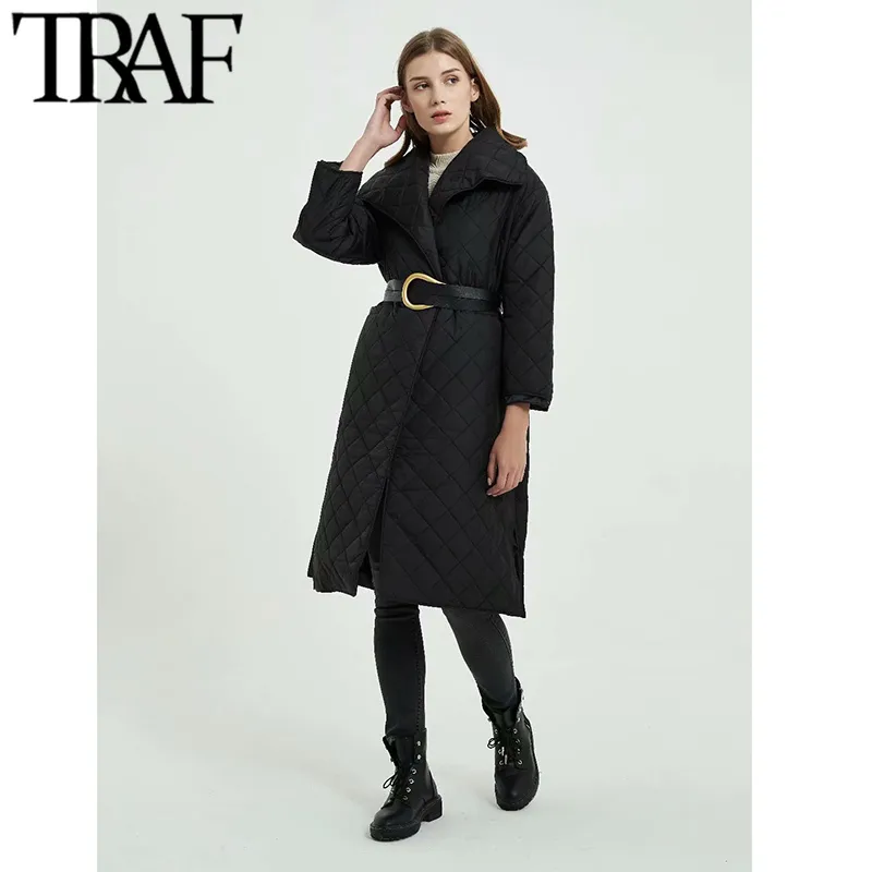 TRAF Femmes Mode Épais Chaud Avec Ceinture Lâche Rembourré Manteau Vintage À Manches Longues Poches Femelle Survêtement Chic Pardessus 210415