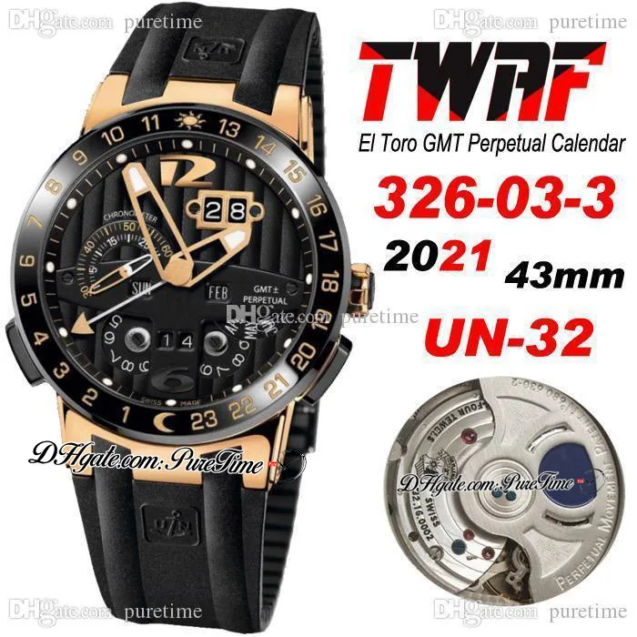 TwaF Executive El Toro UN-32 자동 망 시계 GMT 영구 캘린더 로즈 골드 블랙 질감 다이얼 고무 스트랩 326-03-3 Super Edition 2021 퓨레 티임 A1 시계