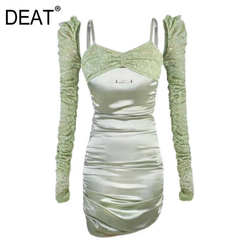[DEAT] été mode couleur unie à manches longues taille haute irrégulière dentelle tempérament Mini robe femmes 13Q460 210527