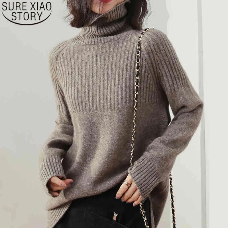 Turtleneck Женщины зимняя одежда с длинным рукавом свитер сплошной толстый трикотаж элегантный дикий пуловер свитера 11123 210417