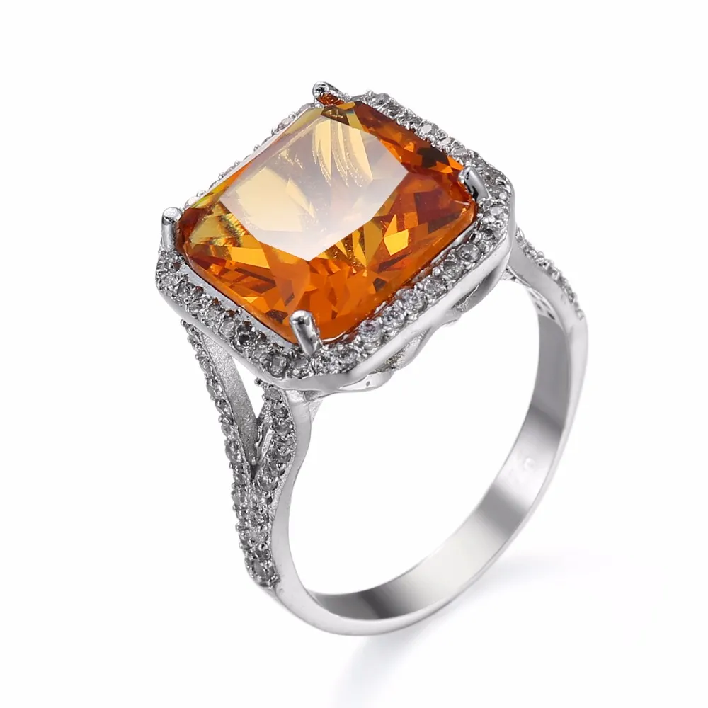 Weißgold Farbe Luxus Quadrat Zirkon Kristall Ring Gelb CZ Zirkon Schmuck Eheringe Größe 6/7/8/9/10 Ringe Frauen