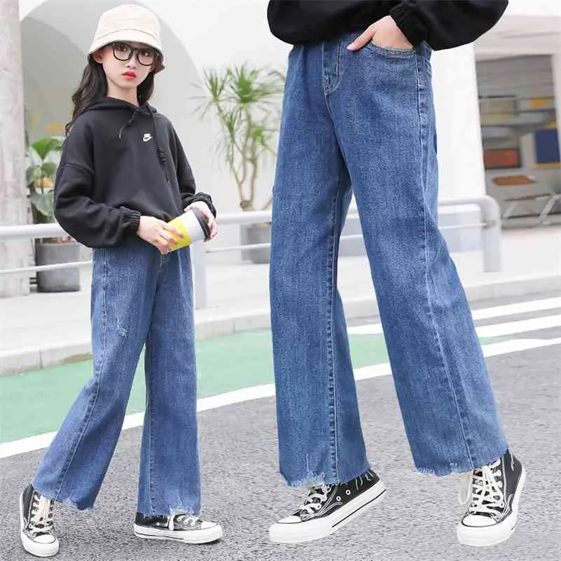 Джинсы для девочек-подростков Широкая нога джинсы мода простые все совпадения разорванные джинсовые брюки Брюки большие девочки осенью нового 5-14 год 210317