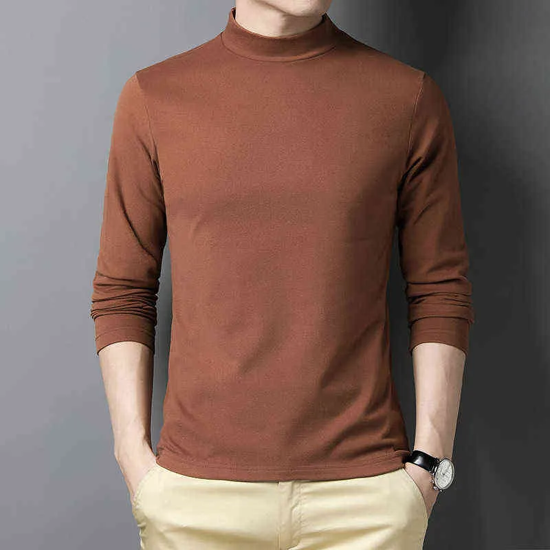 2021 Осенняя новая мужская флисовая футболка с высоким воротником с длинным рукавом с длинным рукавом сплошной цвет тонкой рубашкой для дна мужской бренд одежда G1229