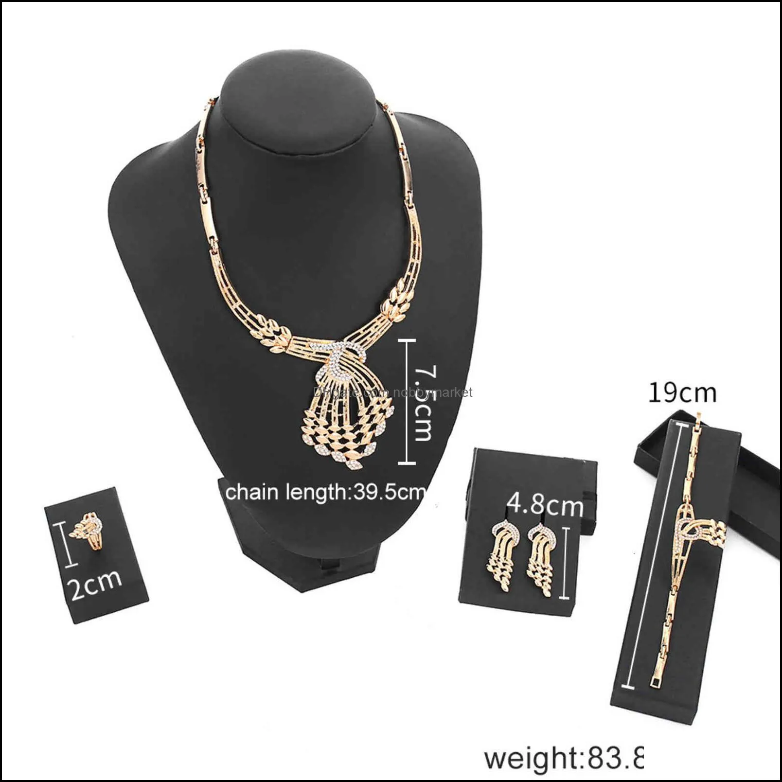 Factory Outlet Brand Necklace Wind exaggeration metal Diamond Jewelry Set Earring Ring Bracelet four piece set tassel Pendant