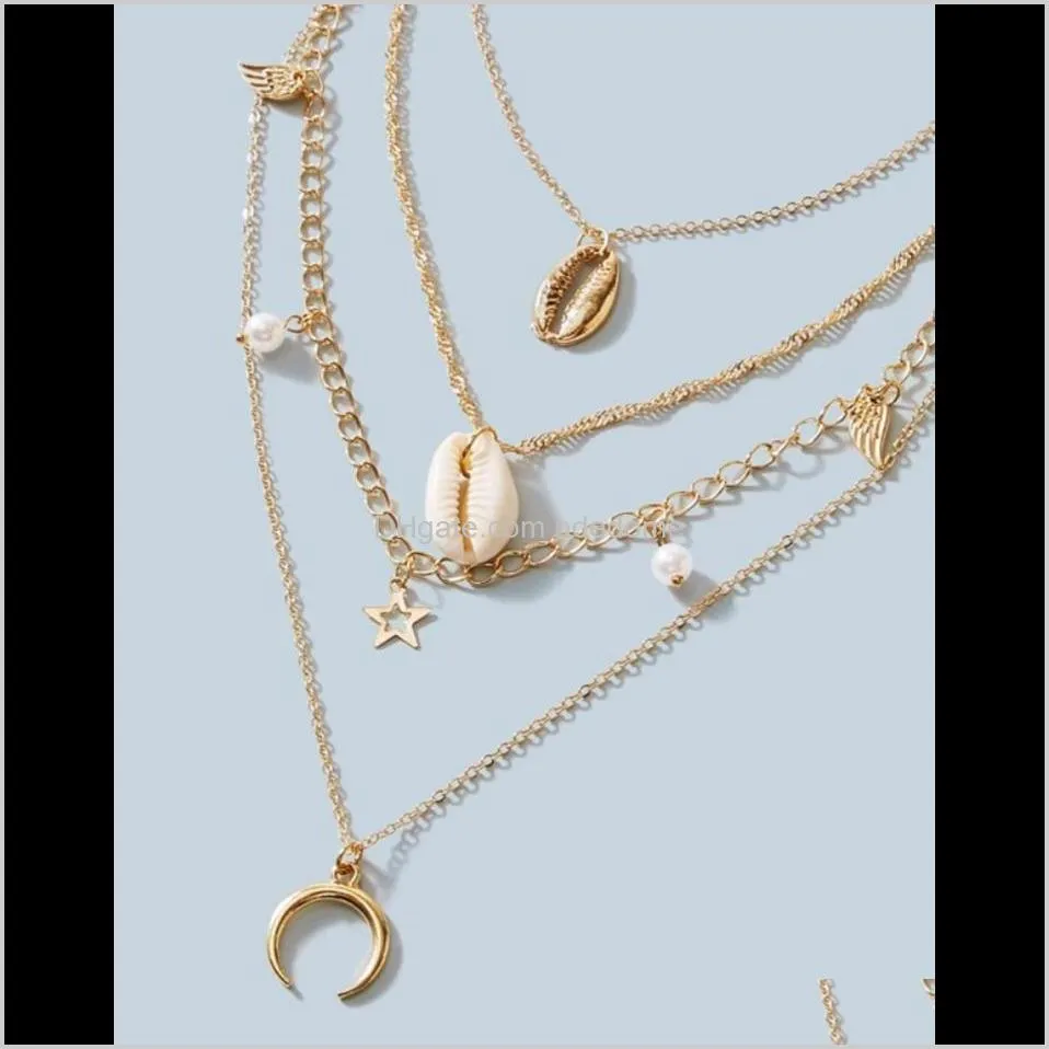 four layers necklace alloy natural shell conch swing star moon plastic white pearl pendant gold color plated metal o chain