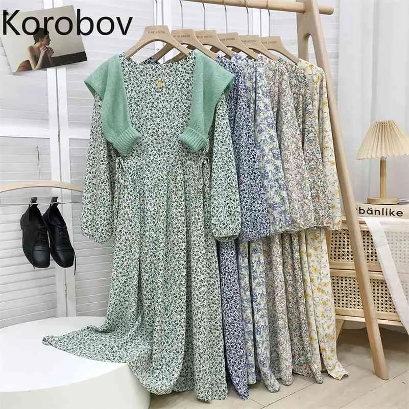 Korobov Vintage Kare Yaka Uzun Kollu Kadın Elbise Kore Chic Çiçek Baskı Kadın Dreses Yaz Yeni Şifon Vestidos 210430