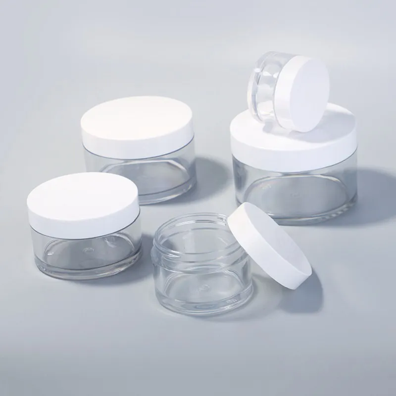 Duidelijke Pet Plastic Jar Verpakking Flessen met wit deksel 30G 50g 100g 150G 200g Cosmetische container voor Modder Mask Cream