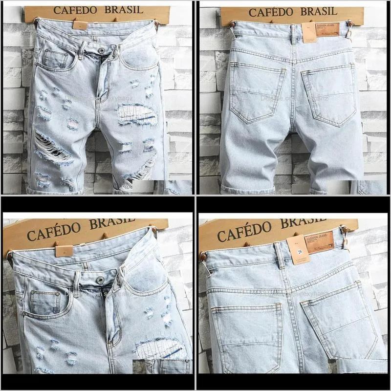 new summer men holes denim shorts light blue short jeans good quality men knee length jeans shorts large size straight1