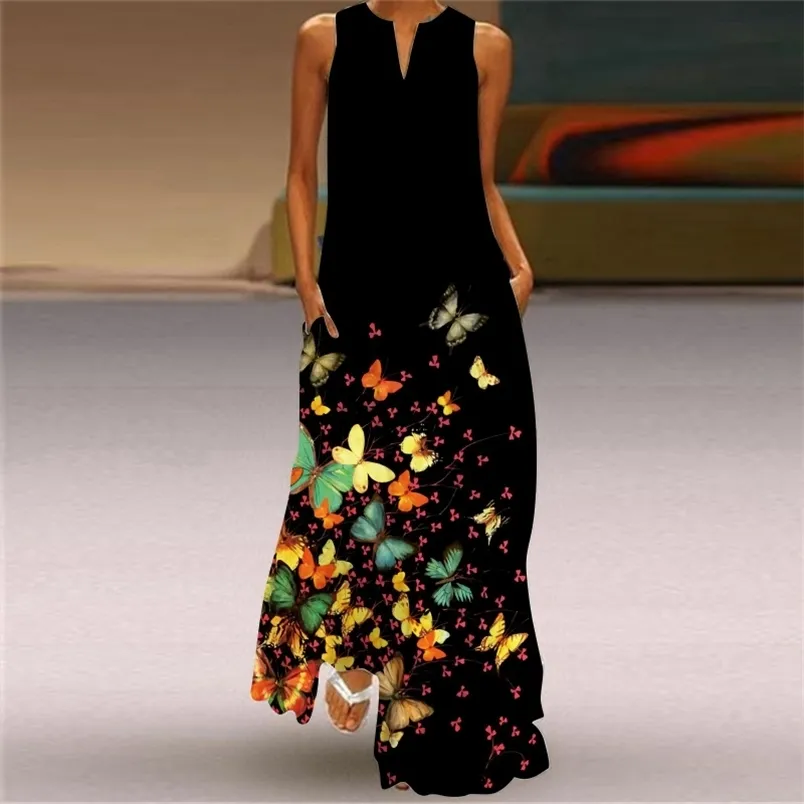 Женщины Maxi Платье Летний Пляж 3D Цветочная Бабочка Напечатана Рукавочная Элегантная V Шея Повседневная Плюс Размер Vestidos ES 210522
