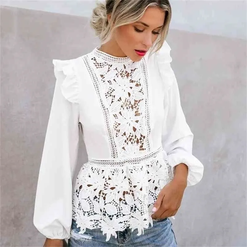 Mulheres Floral Lace Bluses Boho Manga Longa Tops Branco Senhoras Escavar Camisas Outono Primavera Elegante Blusa Streetwear S-XL 210514