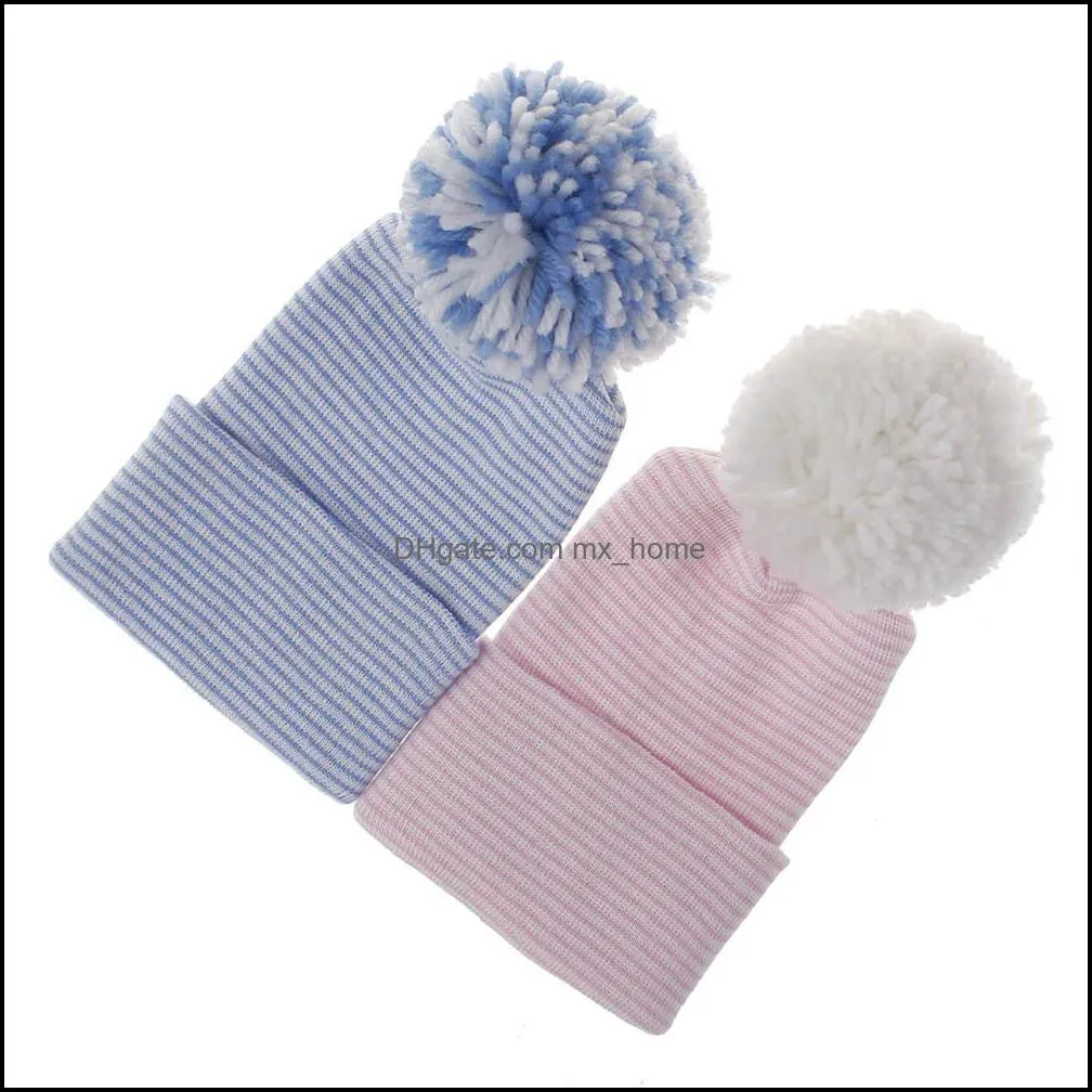 10 Styles Double Thickening Newborn Striped Hats for Winter Cotton Warm Crochet Cap Infant Fur Ball Hat Baby Knit Caps C2101