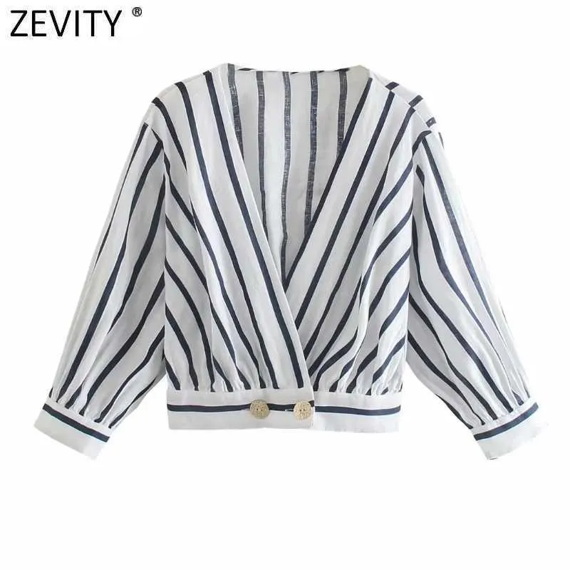 Zevity Femmes Vintage Croix Col V Rayé Imprimé Court Smock Chemises Kimono Blouses Bureau Dames Lin Roupas Blusas Tops LS9228 210603