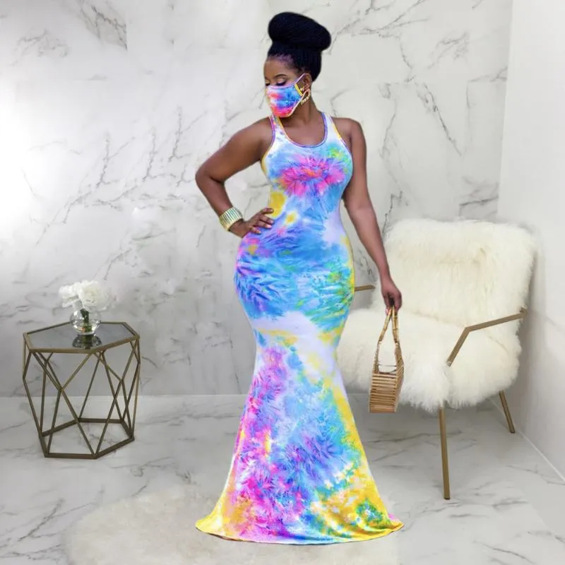 Casual Tie Dye Summer Mermaid Maxi Dress Sleeveless Backless Cut Out Party Bodycon