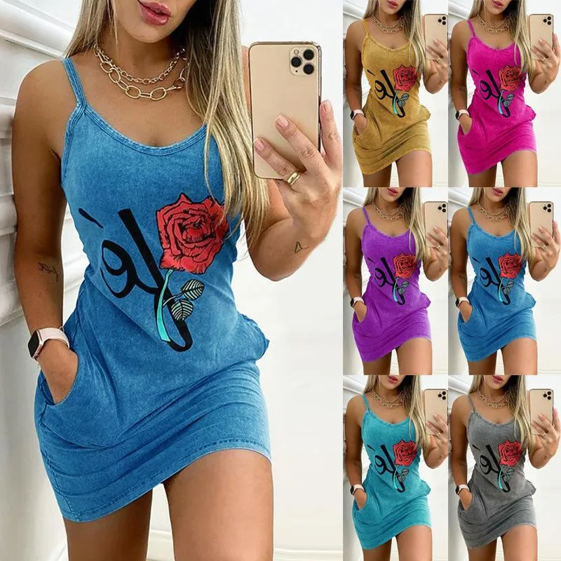 Casual Dresses Summer Fashion Rose Floral Print For Women 2021 Spaghetti Strap Sexy Party Dress Pockets Vestidos Elegantes Para Mujer