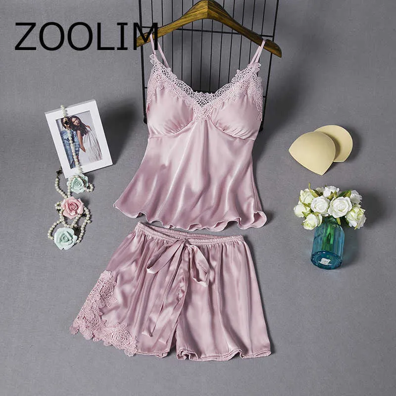 ZOOLIM Satin Pajamas for Women Lace Sleepwear Sexy Women Pyjamas Silk Pajamas with Shorts HIgh Quality Pijama Nightwear Q0706