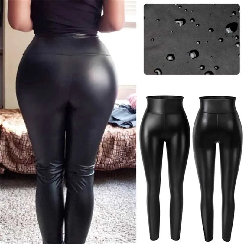 Hög midja faux läder leggings kvinnor non see-through tjocka pus höft push up slim byxor fitness trosor rumpa lyftare 211204