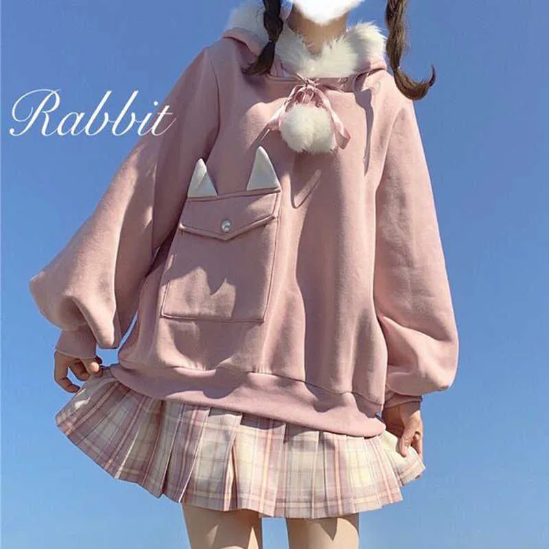 QWek Bunny Orelhas Hoodies Mulheres Fall Bunny Jaqueta Japonesa Doces Kawaii Rabbit Rabbit Hoodie Cor-de-rosa para Meninas Egirl Harajuku Egirls 211008